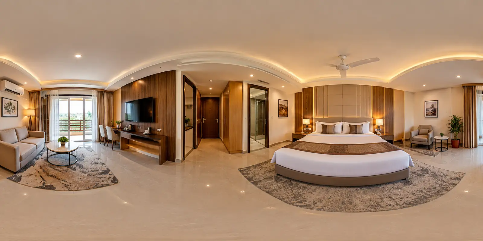 Illustrative 360° panorama impression of a Hotel RK Inn room — artist's impression, not a photograph.